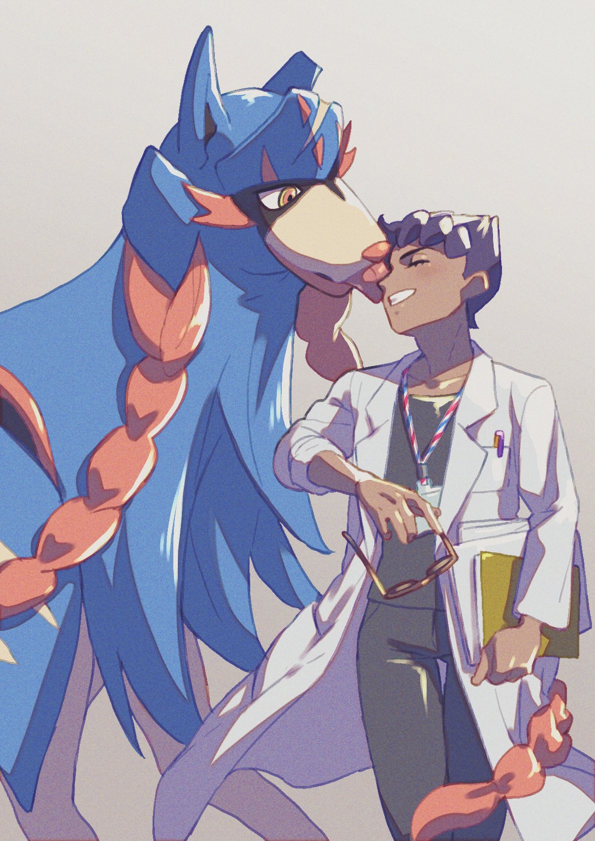 1boy blush breast_pocket closed_eyes commentary_request dark-skinned_male dark_skin eyelashes gen_8_pokemon grey_pants grey_shirt grin highres holding holding_eyewear hop_(pokemon) komame_(st_beans) labcoat lanyard legendary_pokemon licking licking_face male_focus older pants pen pocket pokemon pokemon_(creature) pokemon_(game) pokemon_swsh purple_hair shirt short_hair smile teeth tongue zacian zacian_(hero)