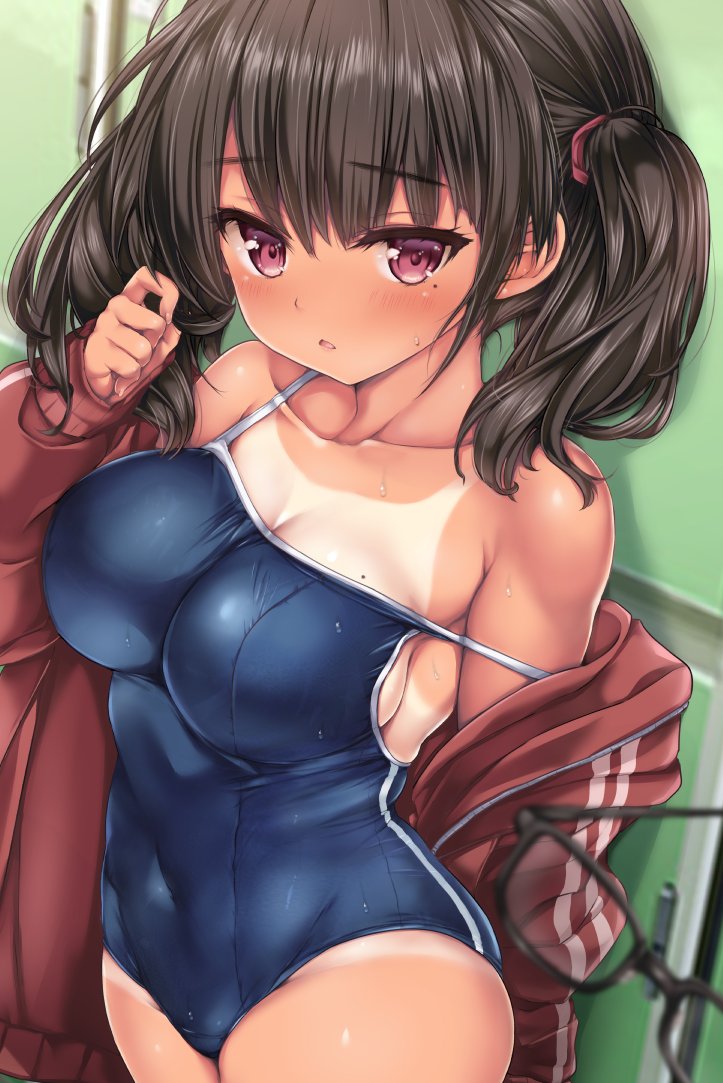 1girl black_hair blue_swimsuit breasts commentary_request competition_school_swimsuit cowboy_shot jacket large_breasts locker long_hair nijimoto_hirok open_clothes open_jacket original red_eyes red_jacket school_swimsuit solo standing swimsuit tan tanlines track_jacket