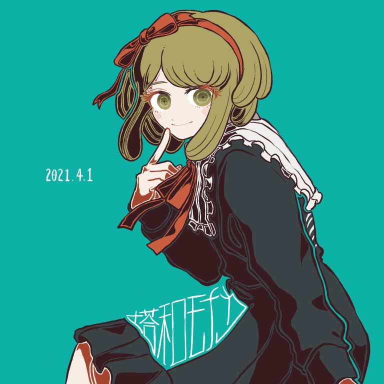 1girl bangs black_dress blush_stickers commentary_request cowboy_shot dangan_ronpa_(series) dangan_ronpa_another_episode:_ultra_despair_girls dated dress frills from_side green_background green_eyes green_hair hairband hand_up index_finger_raised kiri_(2htkz) long_sleeves looking_at_viewer medium_hair red_hairband ribbon simple_background smile solo towa_monaka