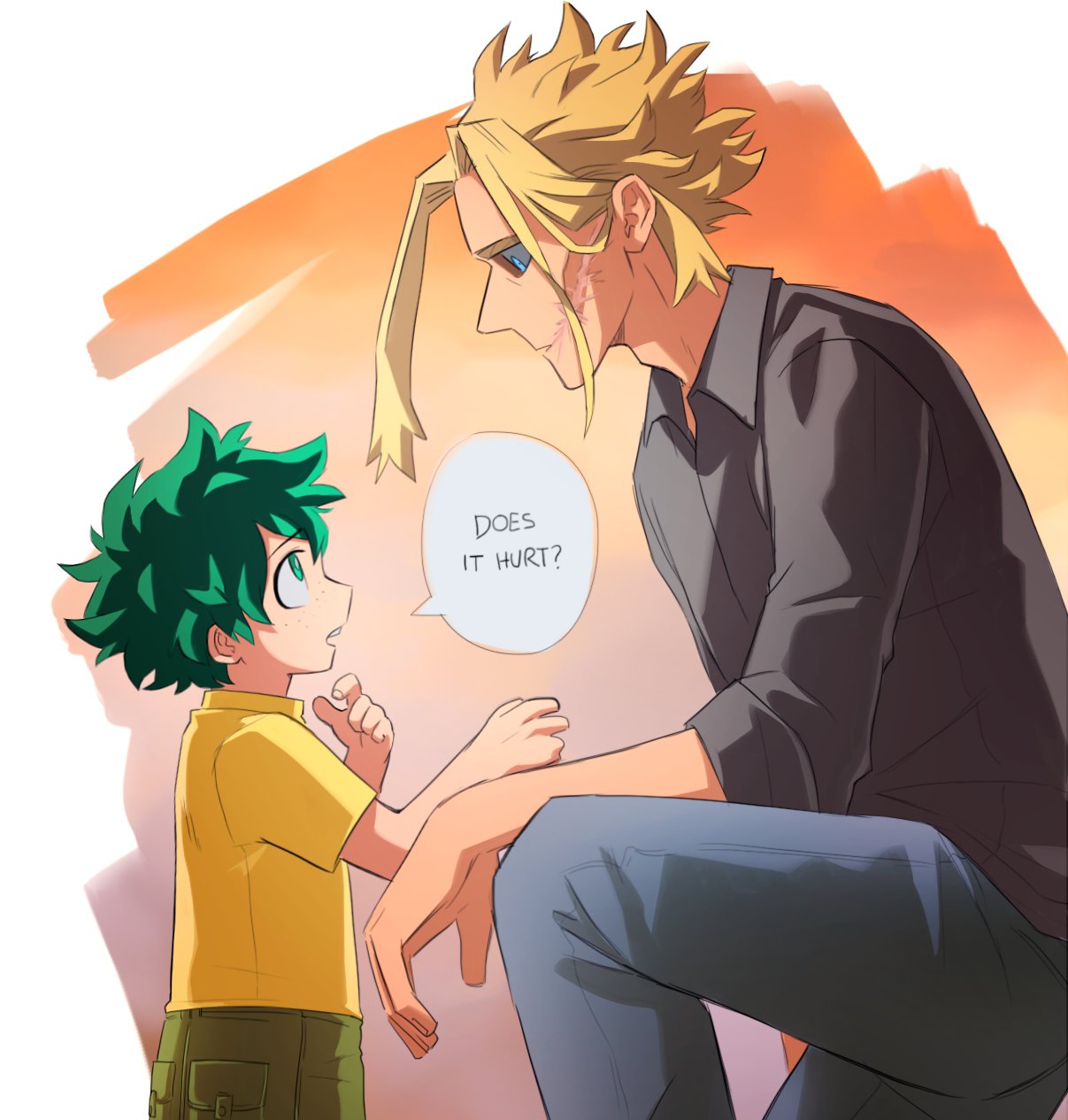 2boys all_might alternate_costume black_hair black_shirt blonde_hair blue_eyes blue_pants blue_sclera boku_no_hero_academia child colored_sclera english_commentary english_text eye_contact from_side green_eyes green_hair highres looking_at_another looking_up male_focus midoriya_izuku multicolored multicolored_background multiple_boys one_knee open_mouth orange_background pants profile shirt short_hair sitting smile speech_bubble trevo_(trevoshere) yagi_toshinori yellow_shirt younger