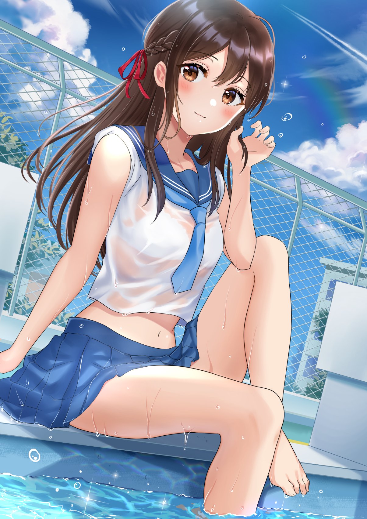 1girl bangs barefoot blue_dress blue_neckwear blue_sailor_collar blue_sky blush braid brown_eyes brown_hair closed_mouth clouds dress dutch_angle fence hair_ribbon hand_up highres knee_up long_hair looking_at_viewer midriff navel necktie niwata0 original outdoors pleated_dress pool red_ribbon ribbon sailor_collar school_uniform serafuku shirt short_sleeves sitting sky smile solo water wet wet_clothes white_shirt