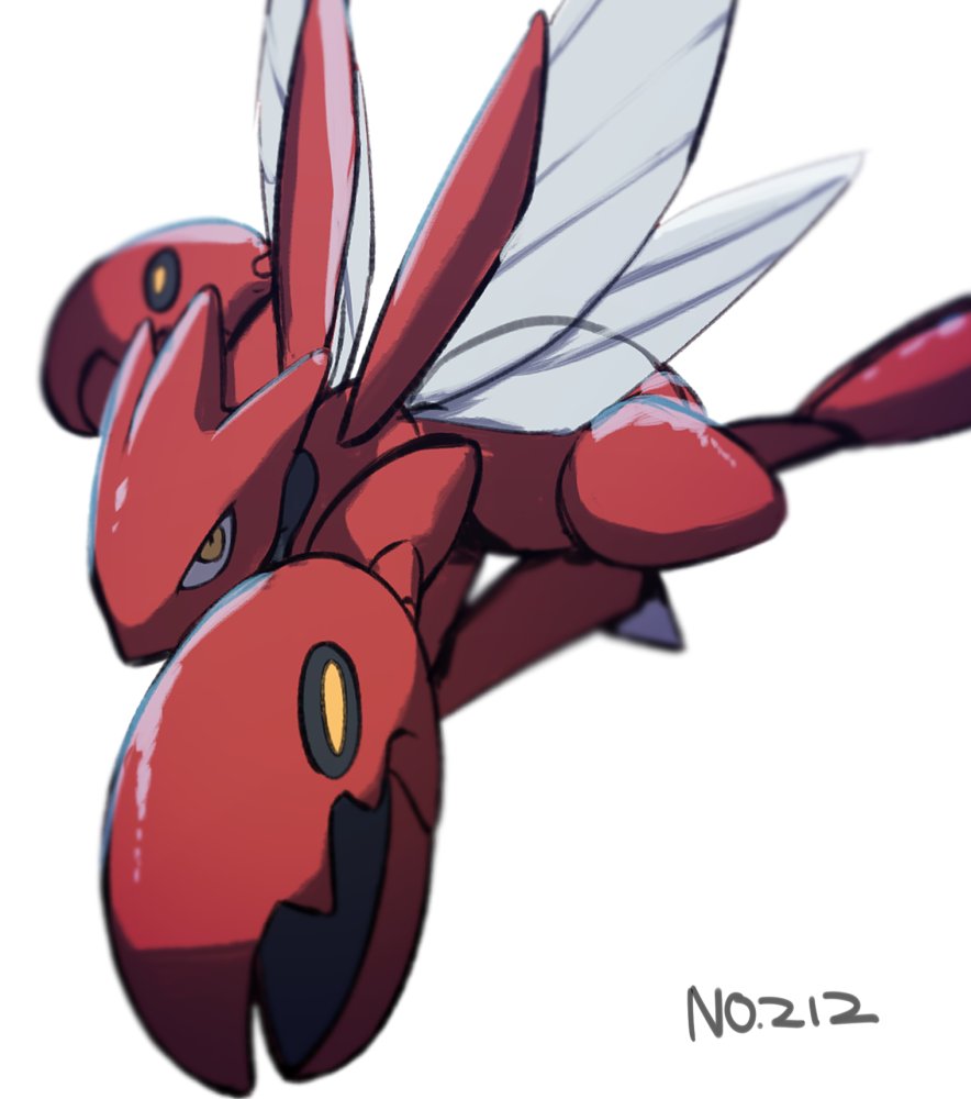 blurry commentary_request gen_2_pokemon looking_at_viewer looking_to_the_side morio_(poke_orio) no_humans number pincers pokedex_number pokemon pokemon_(creature) scizor solo yellow_eyes