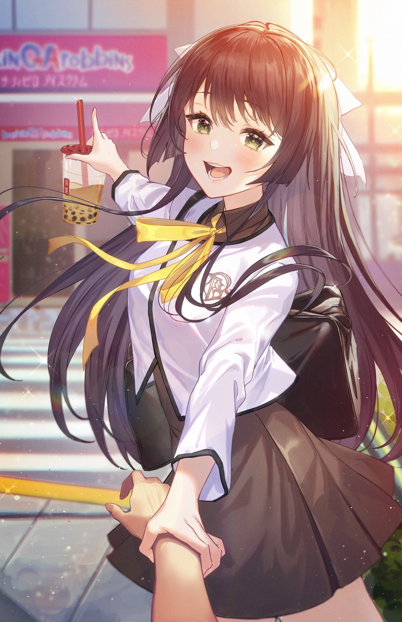 1girl :d bag bangs black_hair black_skirt blurry blurry_background blush bow bubble_tea building cup green_eyes hair_bow haru_(hiyori-kohal) highres holding holding_cup holding_hands long_hair long_sleeves looking_at_viewer neck_ribbon open_mouth original outdoors outstretched_arm pleated_skirt ribbon road school_bag school_uniform shirt skirt smile standing street white_bow white_shirt yellow_neckwear yellow_ribbon