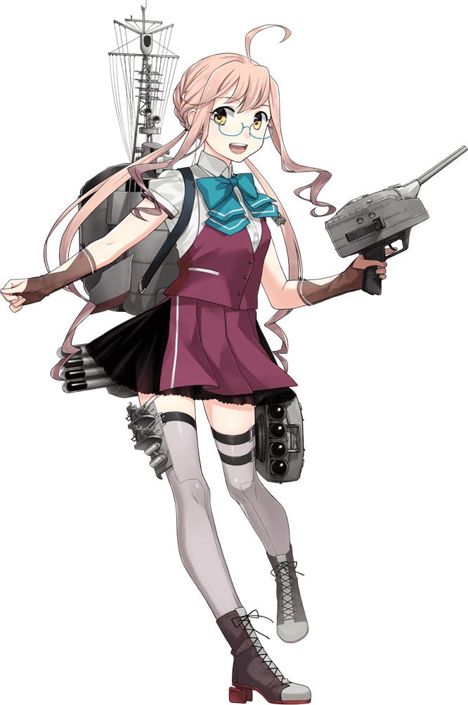 1girl ahoge blouse braid crown_braid depth_charge depth_charge_projector dress fingerless_gloves french_braid fujikawa full_body glasses gloves grey_legwear kantai_collection long_hair machinery makigumo_(kancolle) official_art open_mouth pink_hair pleated_skirt remodel_(kantai_collection) rigging short_sleeves skirt smile solo thigh-highs torpedo_launcher torpedo_tubes transparent_background turret twintails upper_teeth vest white_blouse zettai_ryouiki