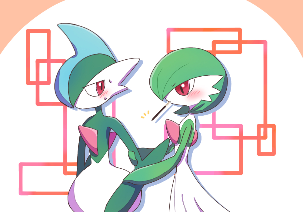 1boy 1girl annoyed bangs blue_hair blush bob_cut closed_mouth colored_skin commentary_request cowboy_shot drop_shadow eyebrows_visible_through_hair flat_chest food from_side gallade gardevoir gen_3_pokemon gen_4_pokemon green_hair green_skin hair_over_one_eye half-closed_eyes holding_another's_arm looking_at_another looking_back looking_down mohawk mouth_hold multicolored multicolored_hair multicolored_skin nervous no_mouth notice_lines pocky pokemon pokemon_(creature) profile ronen standing sweat two-tone_hair two-tone_skin white_background white_skin