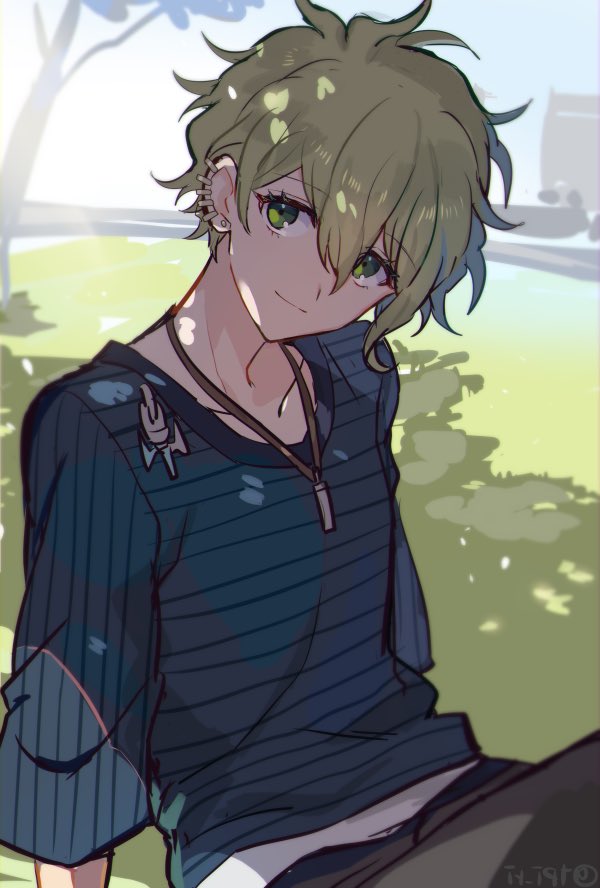 1boy amami_rantarou arm_support bangs brown_pants closed_mouth collarbone dangan_ronpa_(series) dangan_ronpa_v3:_killing_harmony day eyebrows_visible_through_hair grass green_eyes green_hair hair_between_eyes jewelry long_sleeves looking_at_viewer male_focus necklace outdoors pants shirt short_hair simle sitting smile solo striped striped_shirt symbol_commentary tpi_ri tree twitter_username upper_body
