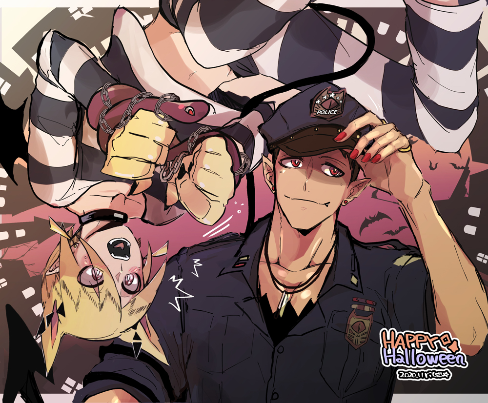 2boys :o adjusting_clothes adjusting_headwear andro_m._jazz animal_ears bat cat_ears chain clenched_hand collar dark-skinned_male dark_skin dated earrings fang feet_out_of_frame hair_between_eyes halloween hand_up happy_halloween hat jewelry mairimashita!_iruma-kun male_focus multiple_boys navel police police_hat police_uniform policeman prison_clothes red_nails ricchan_paopao ring shax_lead shirt striped striped_shirt stud_earrings tail uniform upside-down