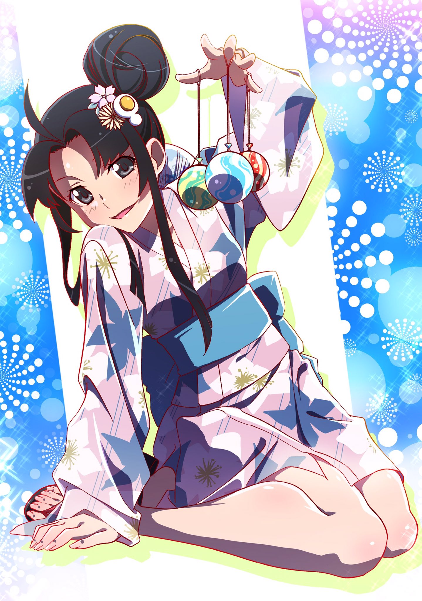 1girl :d ahoge araragi_tsukihi black_eyes black_hair blush egg_hair_ornament food-themed_hair_ornament full_body hair_intakes hair_ornament highres holding japanese_clothes kimono long_hair long_sleeves looking_at_viewer monogatari_(series) nisemonogatari open_mouth pink_kimono pink_x print_kimono shiny shiny_hair short_kimono sidelocks sitting smile solo tied_hair wariza