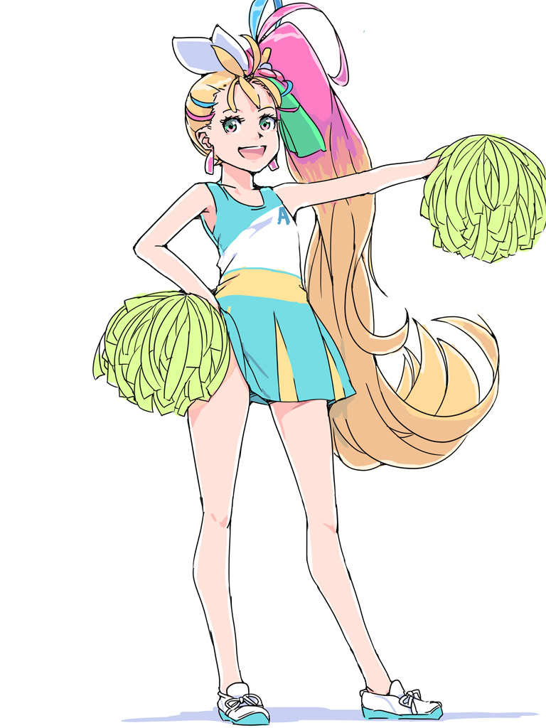 1girl :d akinbo_(hyouka_fuyou) blonde_hair bow brown_eyes cheerleader collarbone cure_summer dress earrings floating_hair full_body gradient_hair hair_bow hand_on_hip high_ponytail holding jewelry long_hair multicolored_hair open_mouth pink_hair pleated_dress pom_pom_(cheerleading) precure shiny shiny_hair short_dress side_ponytail simple_background sleeveless sleeveless_dress smile solo standing streaked_hair tropical-rouge!_precure very_long_hair white_background white_bow white_footwear