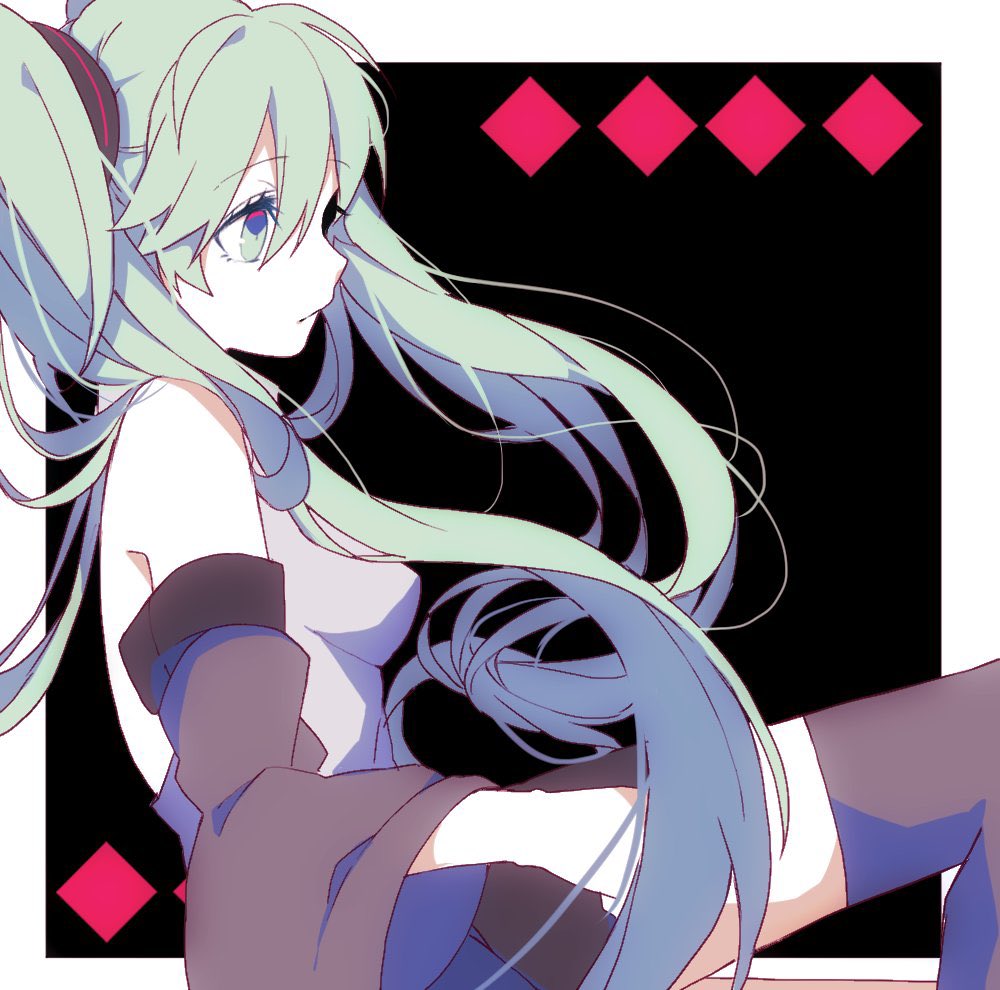 1girl aqua_eyes aqua_hair argyle argyle_background arm_at_side bare_shoulders black_background black_legwear border breasts closed_mouth detached_sleeves eiku expressionless eyebrows_visible_through_hair eyelashes feet_out_of_frame floating_hair from_side grey_shirt hair_between_eyes hatsune_miku knee_up long_hair looking_afar pale_color profile shirt sideboob simple_background sleeveless sleeveless_shirt small_breasts solo tareme thigh-highs twintails very_long_hair vocaloid white_border zettai_ryouiki