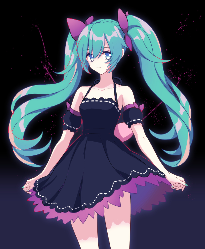 1girl akiyoshi_(tama-pete) aqua_hair aqua_nails arms_at_sides bangs bare_arms bare_legs bare_shoulders black_background black_dress blue_eyes bow breasts closed_mouth collarbone cowboy_shot dark_background detached_sleeves dot_nose dress eyebrows_visible_through_hair facing_viewer fingernails hair_between_eyes hair_bow halter_dress halterneck hatsune_miku innocent_(module) legs_apart long_hair looking_afar paint_splatter project_diva_(series) puffy_short_sleeves puffy_sleeves purple_bow shiny shiny_skin short_dress short_sleeves simple_background small_breasts smile solo splatter_background tareme twintails very_long_hair vocaloid