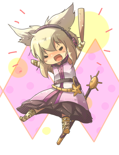 1girl =_= \o/ anklet arms_up bangs blush bracelet chibi closed_eyes commentary_request dress earmuffs hair_flaps holding holding_stick jewelry kamira_(aterasu) light_brown_hair medium_hair nose_blush open_mouth outstretched_arms pointy_hair ribbon ritual_baton sheath sheathed simple_background sleeveless sleeveless_dress smile solo stick sword touhou toyosatomimi_no_miko v-shaped_eyebrows weapon white_background