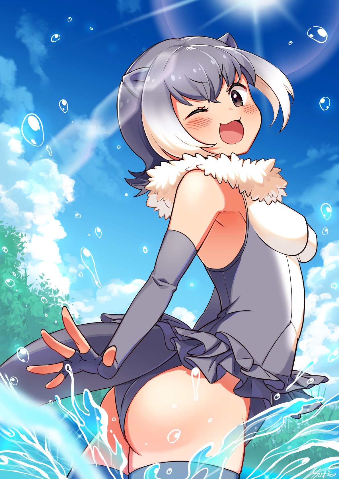 1girl :3 animal_ears bare_shoulders blush brown_eyes cowboy_shot elbow_gloves eyebrows_visible_through_hair fingerless_gloves from_behind fur_collar gloves grey_gloves grey_hair grey_legwear grey_swimsuit highres kamuraaa_615 kemono_friends looking_at_viewer multicolored_hair one-piece_swimsuit one_eye_closed open_mouth otter_ears otter_girl otter_tail short_hair sleeveless small-clawed_otter_(kemono_friends) solo splashing swimsuit tail thigh-highs two-tone_hair water white_fur white_hair zettai_ryouiki