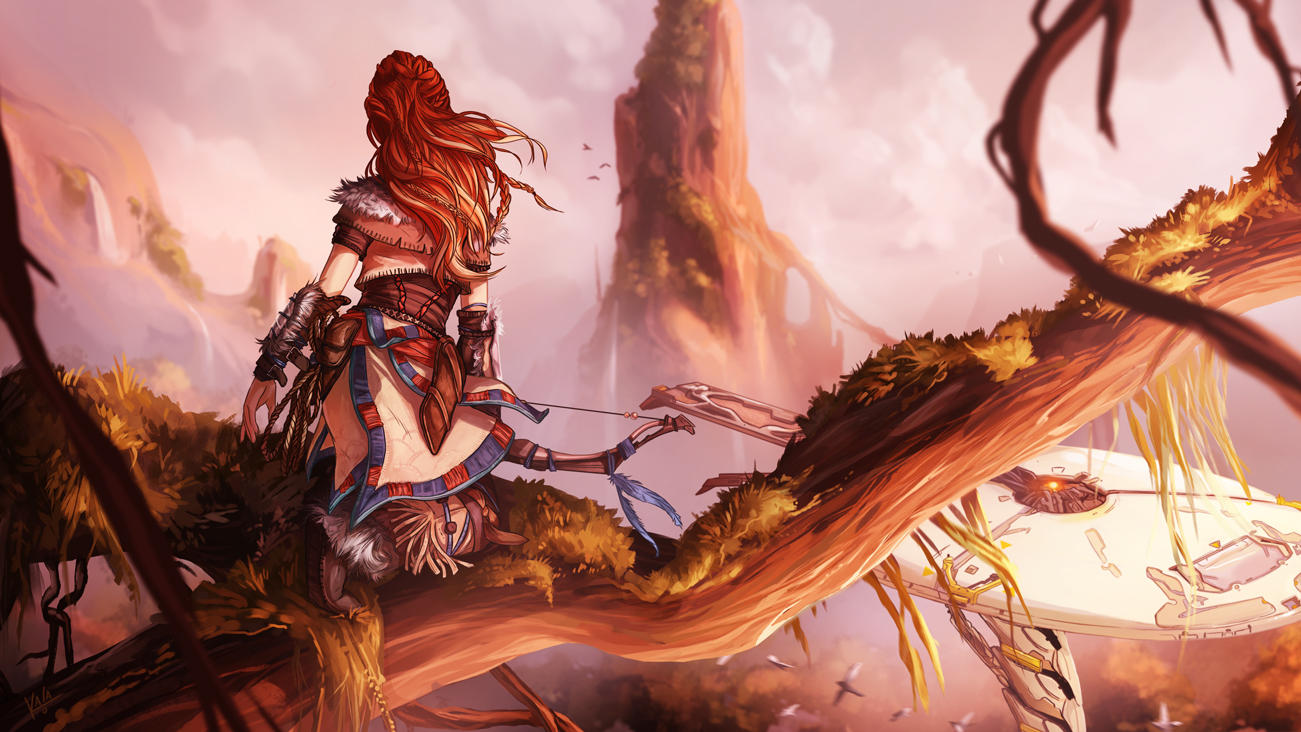 1girl aloy_(horizon) bird bow_(weapon) capelet english_commentary frills full_body fur_trim holding holding_bow_(weapon) holding_weapon horizon_zero_dawn kalasketch landscape long_hair mecha mechanical_animal moss mountain one_knee plant quiver redhead solo_focus tallneck_(horizon) tribal vambraces vines weapon