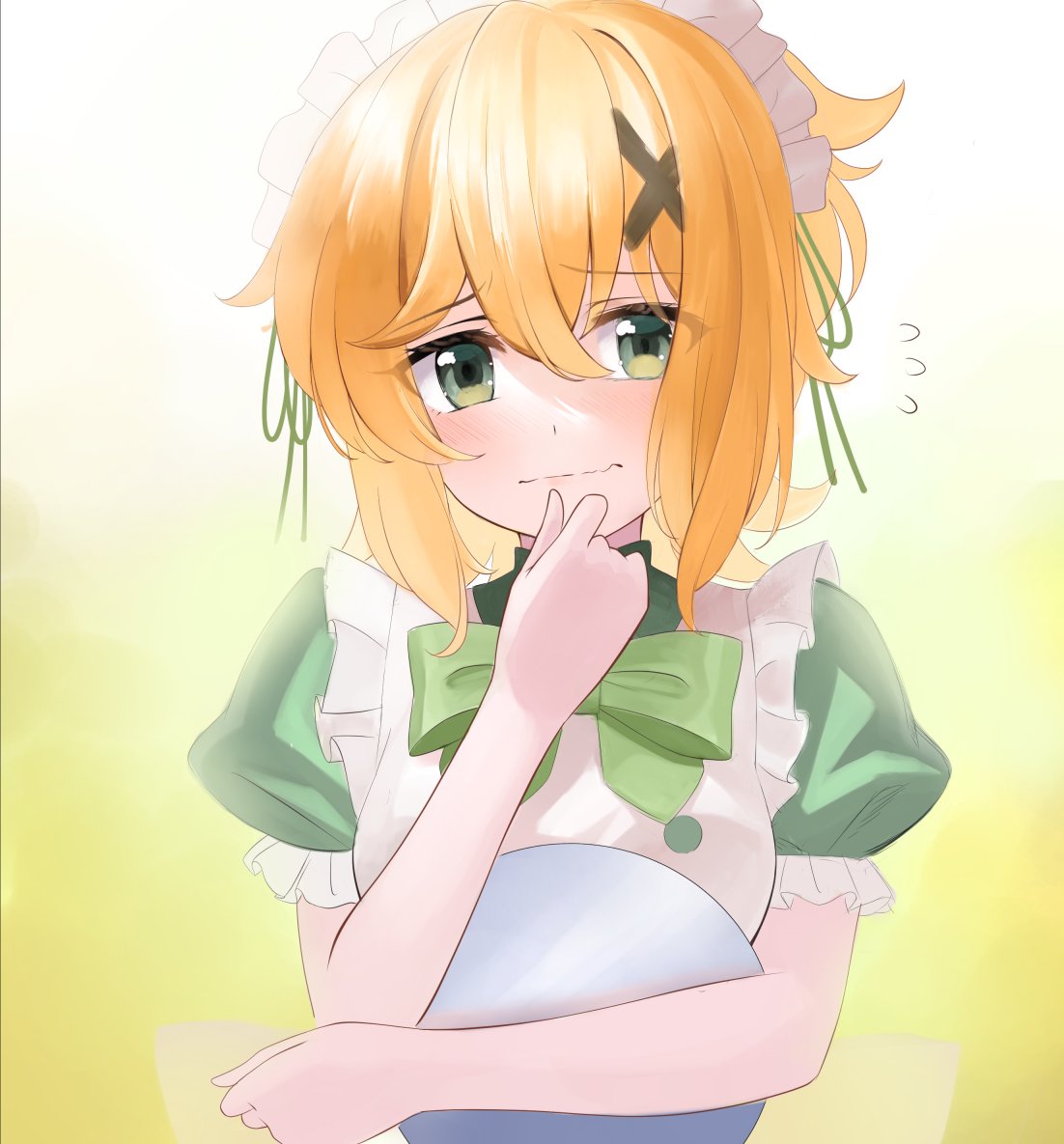 1girl akatsuki_kirika apron backlighting bangs blonde_hair blush closed_mouth embarrassed eyebrows_visible_through_hair frilled_sleeves frills green_eyes green_neckwear green_ribbon green_shirt hair_between_eyes hair_ornament hair_ribbon holding holding_plate looking_at_viewer maid maid_headdress medium_hair nyanmaru plate ribbon senki_zesshou_symphogear shiny shiny_hair shirt short_sleeves solo upper_body white_apron x_hair_ornament