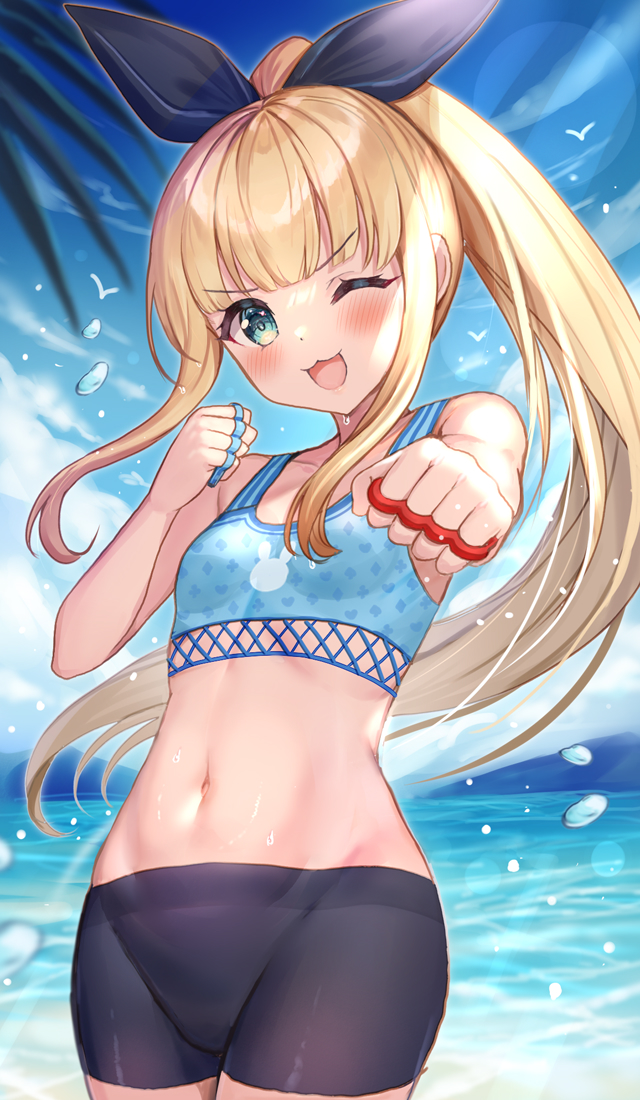 1girl ;d akabane_(zebrasmise) aqua_eyes beach bike_shorts bird black_hairband blonde_hair blue_shirt blue_sky blush breasts clenched_hands clouds commentary_request crop_top day hairband long_hair looking_at_viewer midriff mononobe_alice navel nijisanji ocean one_eye_closed open_mouth ponytail shirt sky small_breasts smile solo virtual_youtuber wet