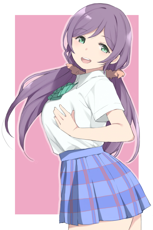 1girl :d blue_skirt deyuuku eyebrows_visible_through_hair green_eyes hair_ornament hair_scrunchie long_hair looking_at_viewer love_live! love_live!_school_idol_project low_twintails open_mouth pink_scrunchie plaid plaid_skirt purple_hair school_uniform scrunchie shirt short_sleeves skirt smile solo teeth thighs toujou_nozomi twintails upper_teeth white_shirt