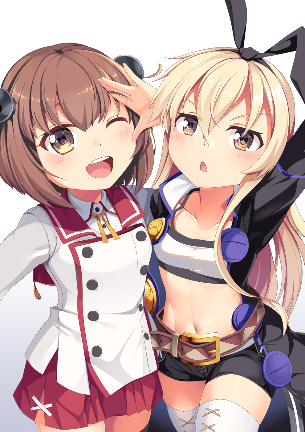 2girls ;d arm_up bangs belt black_coat black_hairband black_shorts blonde_hair blush breasts brown_belt brown_eyes brown_hair buttons chestnut_mouth coat collar collarbone commentary cosplay cowboy_shot creator_connection crop_top double-breasted etou_kanami etou_kanami_(cosplay) eyebrows_visible_through_hair groin hair_between_eyes hairband headgear highres kantai_collection long_hair look-alike looking_at_viewer midriff minoseki_gakuin_uniform multiple_girls navel neck_ribbon one_eye_closed open_clothes open_coat open_mouth red_collar red_skirt ribbon salute school_uniform shimakaze_(kancolle) short_hair short_shorts shorts side_slit sidelocks simple_background skirt small_breasts smile speaking_tube_headset standing thigh-highs toji_no_miko upper_teeth white_background white_legwear white_serafuku yasume_yukito yellow_ribbon yukikaze_(kancolle) zero_(zero_kara_hajimeru_mahou_no_sho) zero_(zero_kara_hajimeru_mahou_no_sho)_(cosplay) zero_kara_hajimeru_mahou_no_sho