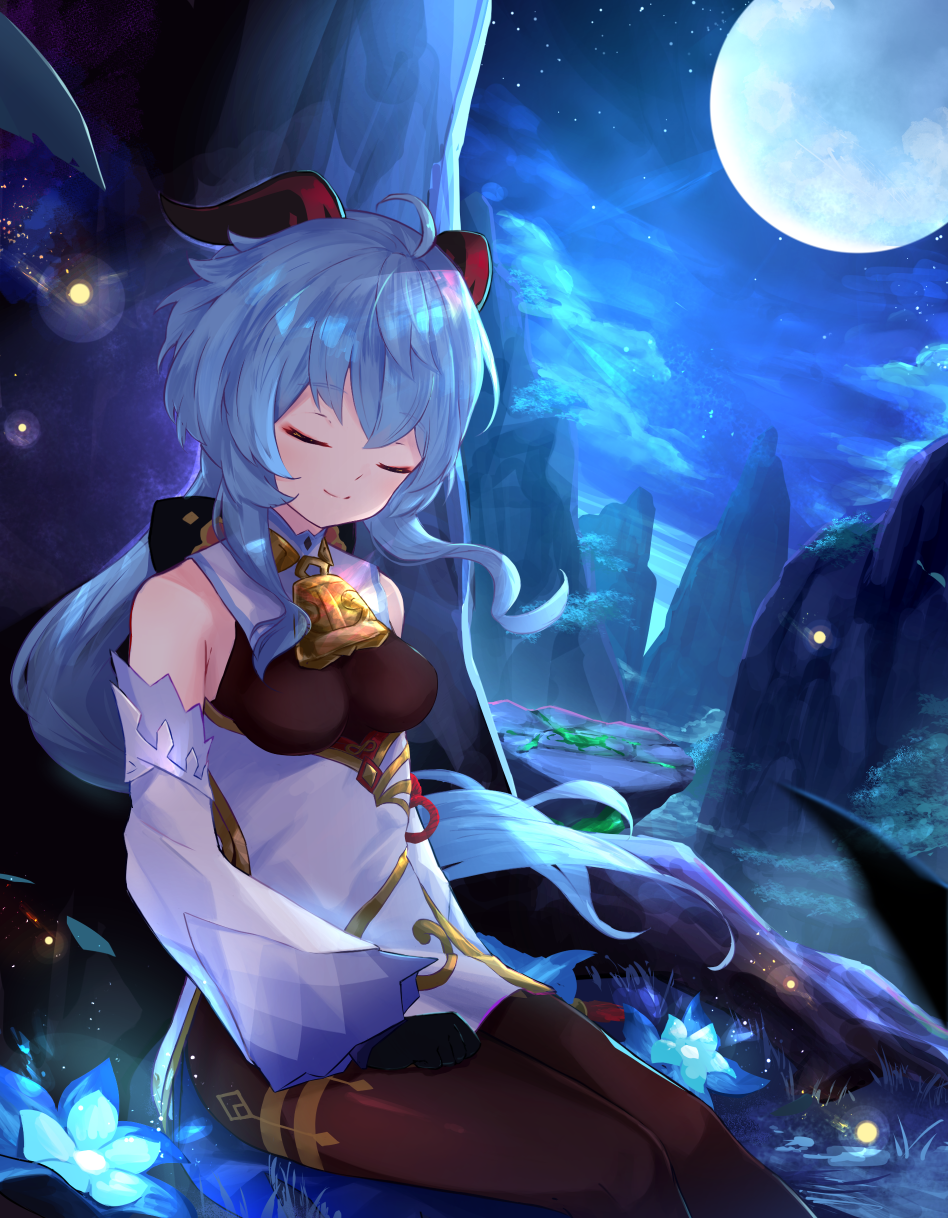 1girl aqua_hair bangs bare_shoulders bell black_legwear brown_bodysuit closed_eyes clouds cloudy_sky collar commentary_request detached_sleeves eyebrows_visible_through_hair flower ganyu_(genshin_impact) genshin_impact highres horns long_hair moon nature neck_bell night on_ground outdoors poumi sitting sky sleeping sleeves_past_fingers sleeves_past_wrists smile solo star_(sky) starry_sky white_collar
