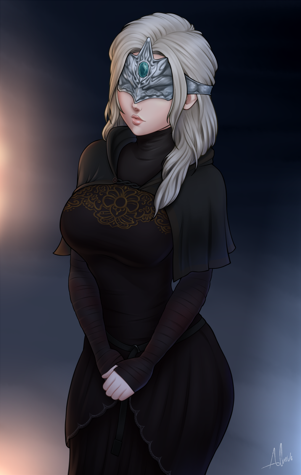 1girl aesdev3 arm_wrap black_capelet black_dress breasts capelet covered_eyes cowboy_shot dark_souls_iii dress eye_mask facing_viewer fire_keeper hands_clasped highres large_breasts lips long_dress mask medium_hair own_hands_together pink_lips silver_hair solo souls_(series) standing