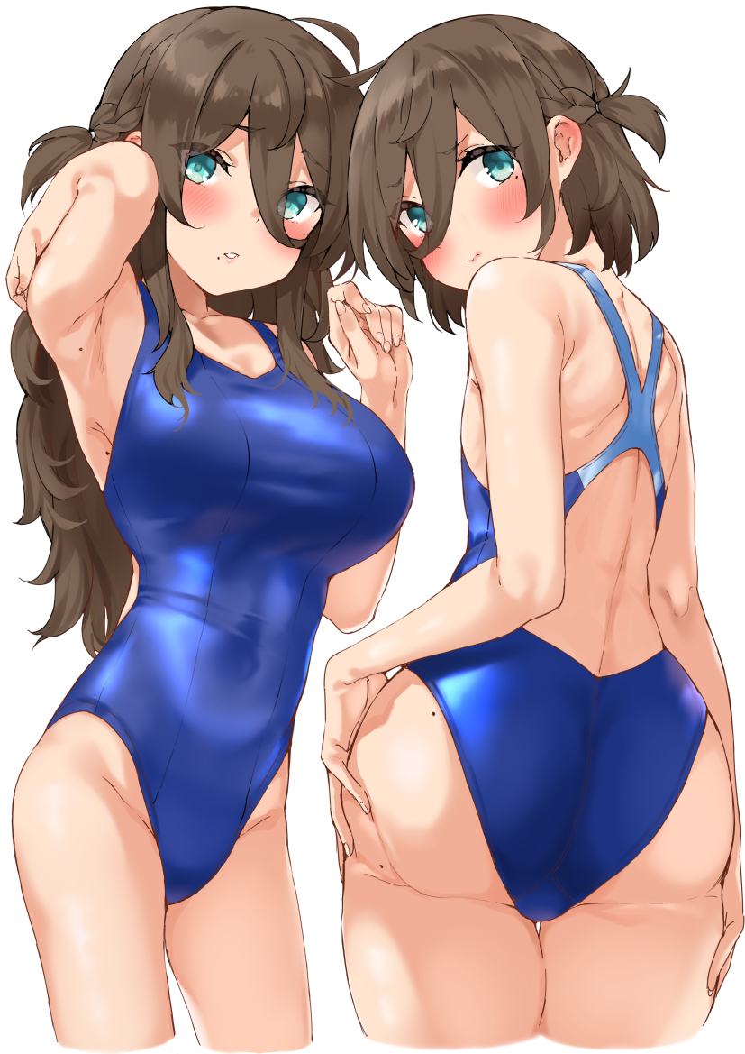 2girls armpits ass back bangs bare_shoulders blue_swimsuit blush breasts brown_hair collarbone covered_navel green_eyes highleg highleg_swimsuit large_breasts long_hair looking_at_viewer looking_back mamedenkyuu_(berun) mole multiple_girls one-piece_swimsuit original parted_lips short_hair small_breasts swimsuit thighs