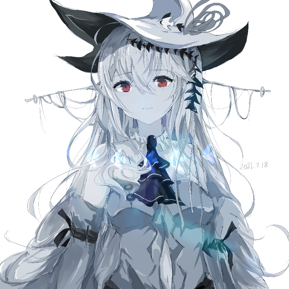 1girl arknights ascot bangs bare_shoulders breasts clothing_cutout commentary dated detached_sleeves dianqiwei_wubaqi dress greyscale hair_between_eyes hat long_hair long_sleeves monochrome navel navel_cutout red_eyes simple_background skadi_(arknights) skadi_the_corrupting_heart_(arknights) small_breasts solo upper_body very_long_hair white_background