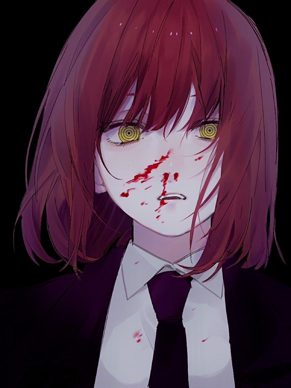 1girl bangs black_background black_neckwear blood blood_on_face bloody_nose bob_cut chainsaw_man close-up collared_shirt face formal hair_between_eyes highres looking_at_viewer madoka04 makima_(chainsaw_man) medium_hair necktie open_mouth portrait redhead ringed_eyes shirt simple_background solo suit upper_body white_shirt yellow_eyes