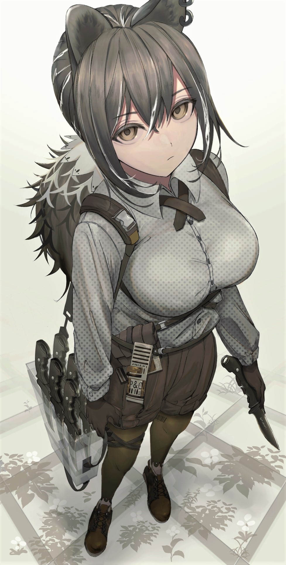 1girl animal_ears animal_hands arknights breasts brown_eyes brown_footwear brown_legwear brown_shorts closed_mouth collared_shirt commentary ear_piercing expressionless eyebrows_visible_through_hair foreshortening full_body grey_shirt hair_between_eyes highres holding holding_knife holding_weapon humidasi79 knife large_breasts long_hair long_sleeves looking_at_viewer multicolored_hair pantyhose paws piercing ponytail raccoon_ears robin_(arknights) shirt shorts solo standing streaked_hair weapon white_hair