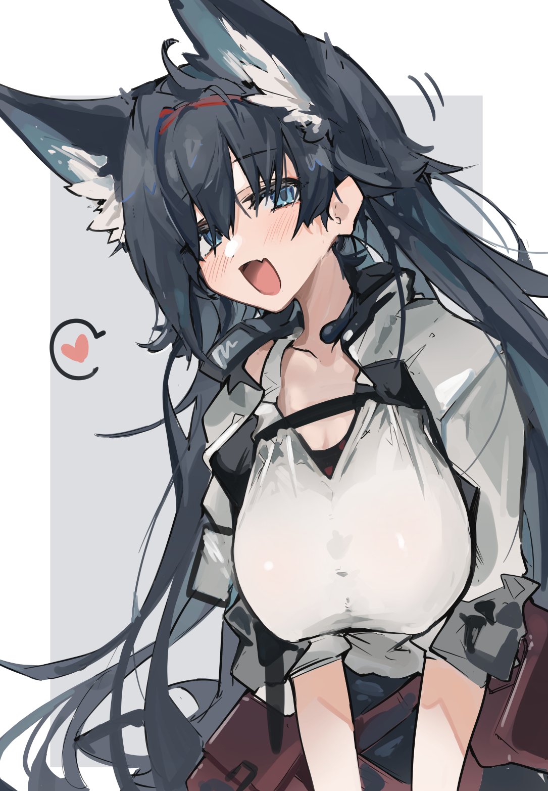 1girl ahoge animal_ears arknights black_hair blaze_(arknights) blue_eyes blush breasts cat_ears collarbone extra_ears fang hairband heart highres jacket large_breasts long_hair looking_at_viewer mikojin open_mouth red_hairband shirt skin_fang solo spoken_heart upper_body very_long_hair white_jacket white_shirt