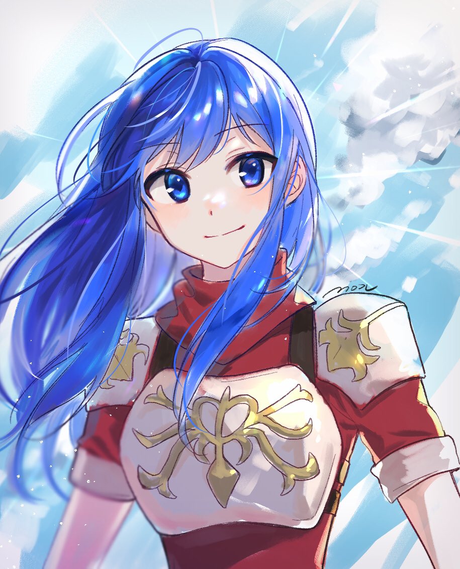 1girl armor bangs blue_eyes blue_hair blush caeda_(fire_emblem) clouds commentary_request eyebrows_visible_through_hair fire_emblem fire_emblem:_mystery_of_the_emblem floating_hair hair_behind_ear long_hair moch_ka_game red_scarf red_shirt scarf shirt sky smile solo upper_body