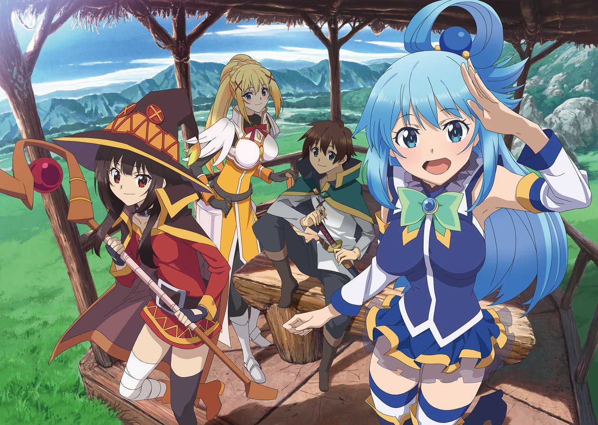 1boy 3girls aqua_(konosuba) artist_request asymmetrical_legwear bandaged_leg bandages belt_buckle black_cape blonde_hair blue_eyes blue_hair blue_sky boots bow bowtie breasts brown_hair buckle button_eyes cape closed_eyes collarbone collared_cape commentary_request darkness_(konosuba) day detached_sleeves dress fingerless_gloves gem gloves green_eyes hair_rings hat holding holding_staff knee_up kono_subarashii_sekai_ni_shukufuku_wo! long_hair looking_at_viewer medium_breasts megumin mismatched_legwear mountainous_horizon multiple_girls neck_ribbon official_art open_mouth outdoors ponytail red_dress red_eyes ribbon satou_kazuma shiny shiny_hair short_hair short_hair_with_long_locks sidelocks single_thighhigh sitting sky sleeveless small_breasts staff standing sword symbol_commentary thigh-highs weapon wing_collar witch_hat