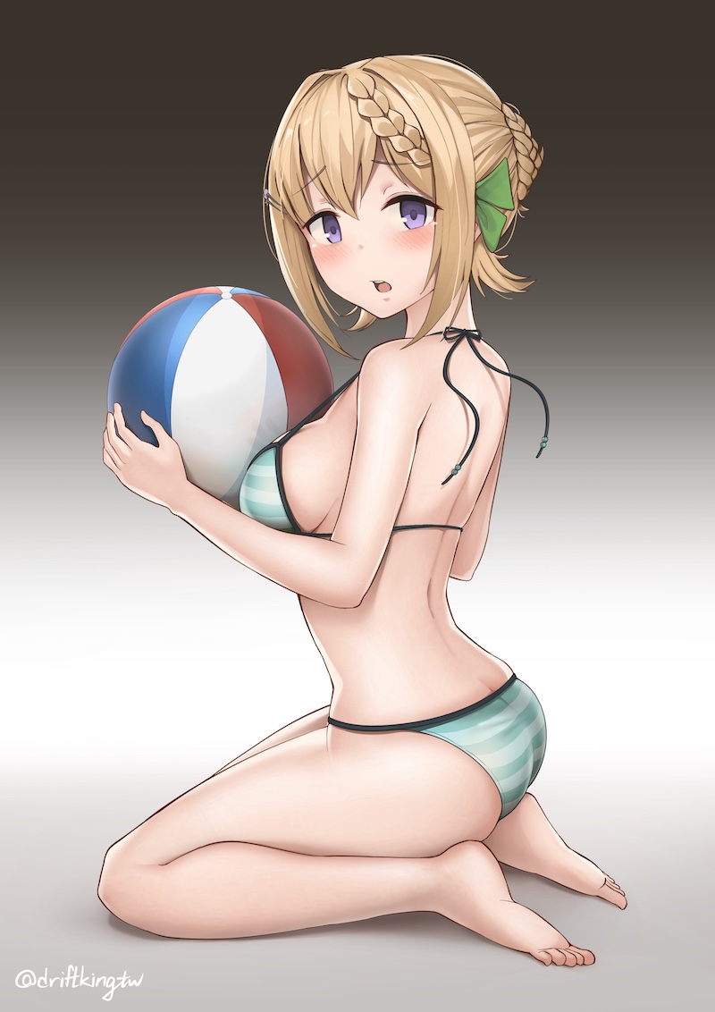 1girl ball beachball bikini blonde_hair braid braided_bangs braided_bun breasts driftkingtw holding holding_ball holding_beachball kantai_collection medium_breasts official_alternate_costume perth_(kancolle) sarong sitting solo striped striped_bikini swimsuit violet_eyes wariza