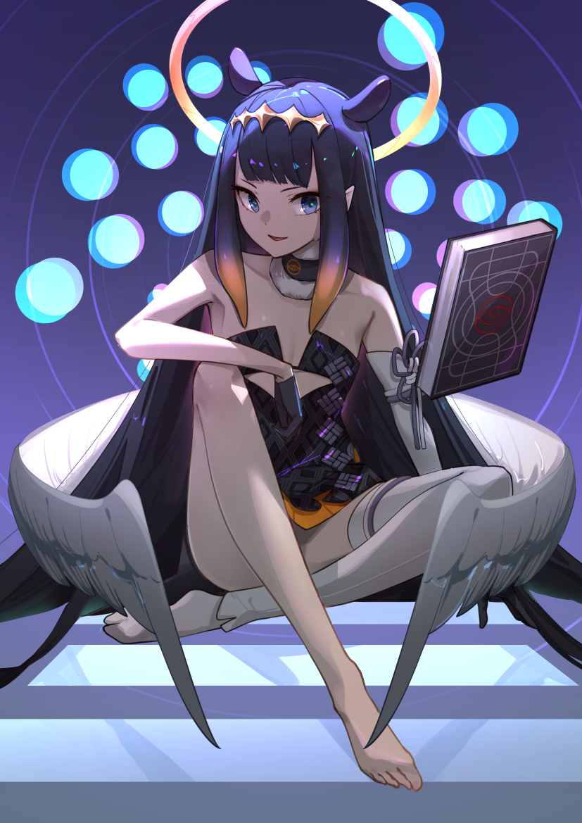 1girl arm_on_knee arm_rest arm_support armpits asymmetrical_gloves barefoot black_gloves blue_eyes book bottomless breasts collarbone crossed_legs detached_sleeves faicha floating floating_book floating_object full_body fur-trimmed_collar fur_collar gloves gradient_hair halo hololive hololive_english knee_up long_hair looking_at_viewer multicolored_hair ninomae_ina'nis no_shoes open_mouth pointy_ears purple_hair sidelocks single_detached_sleeve single_thighhigh small_breasts smile solo tentacle_hair tentacles thigh-highs uneven_gloves very_long_hair virtual_youtuber white_legwear