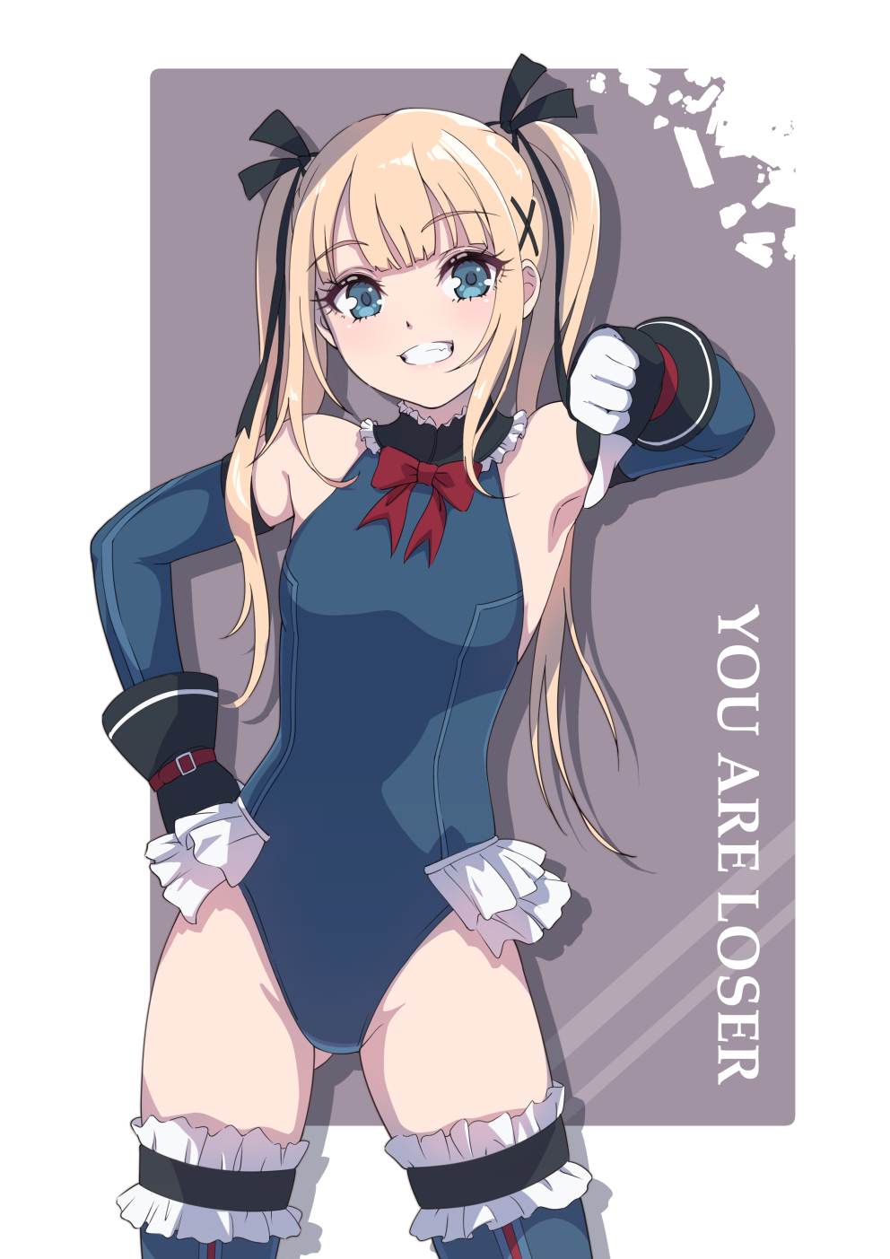 1girl black_ribbon blonde_hair blue_eyes blue_legwear blue_leotard blush breasts dead_or_alive dead_or_alive_5 elbow_gloves frilled_leotard frilled_swimsuit frills gloves hair_ornament hair_ribbon highres leotard looking_at_viewer marie_rose minato_asuka ribbon shiny shiny_hair small_breasts solo solo_focus swimsuit teeth thumbs_down twintails x_hair_ornament