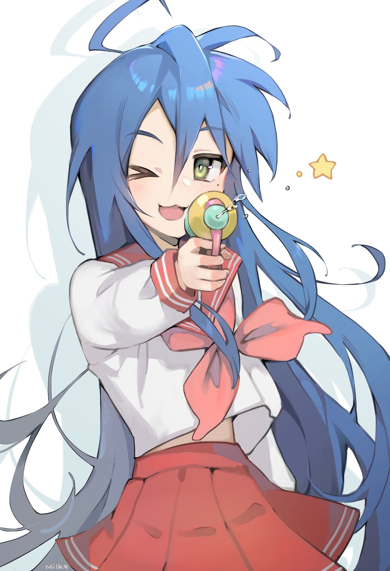 1girl ;3 ahoge bangs blue_hair blush clothes_lift eyebrows_visible_through_hair green_eyes hair_between_eyes highres holding holding_water_gun izumi_konata long_hair looking_at_viewer lucky_star milka_(milk4ppl) mole mole_under_eye one_eye_closed open_mouth pleated_skirt red_neckwear red_sailor_collar red_skirt ribbon ryouou_school_uniform sailor_collar school_uniform serafuku shadow shirt_lift silhouette simple_background skirt solo splashing star_(symbol) water water_gun white_background