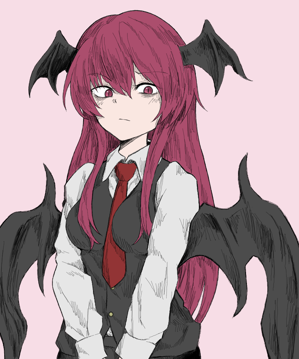 1girl bangs bat_wings between_breasts black_vest black_wings breasts closed_mouth collared_shirt eyebrows_visible_through_hair fe_(tetsu) head_wings highres koakuma long_hair long_sleeves looking_at_viewer medium_breasts multiple_wings necktie necktie_between_breasts pink_background red_eyes red_neckwear shirt simple_background smile solo touhou upper_body vest wings