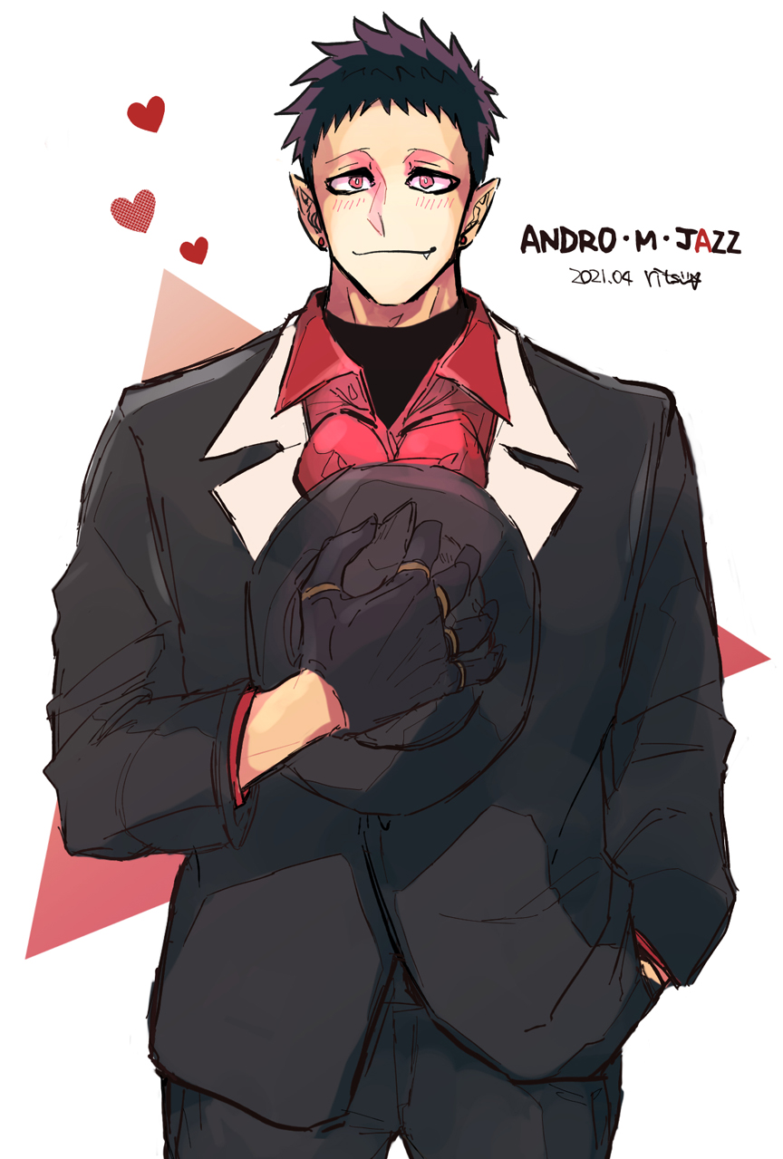 1boy andro_m._jazz black_hair black_headwear black_suit blush character_name dated earrings fangs formal hand_in_pocket hat hat_removed headwear_removed heart highres jewelry looking_at_viewer mairimashita!_iruma-kun male_focus pink_eyes pointy_ears red_neckwear ricchan_paopao short_hair solo standing stud_earrings suit