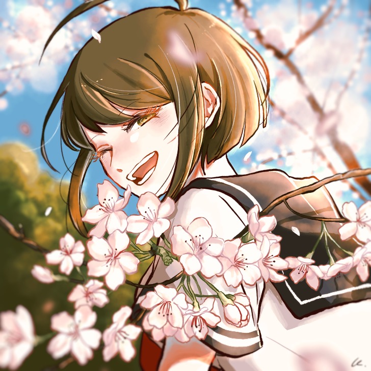 1girl ahoge bangs black_sailor_collar blurry blurry_background blurry_foreground blush brown_eyes brown_hair cherry_blossoms commentary_request dangan_ronpa_(series) dangan_ronpa_another_episode:_ultra_despair_girls day depth_of_field flower kiri_(2htkz) looking_at_viewer naegi_komaru one_eye_closed open_mouth outdoors petals pink_flower sailor_collar school_uniform serafuku shirt short_hair solo teeth tree_branch upper_body white_shirt