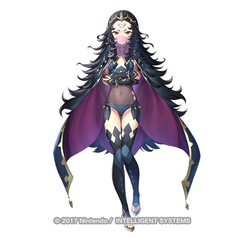 1girl black_cape black_hair bracelet bridal_gauntlets cape circlet commentary_request company_name covered_navel crossed_arms facial_mark fire_emblem fire_emblem_fates fire_emblem_heroes flat_chest forehead forehead_mark gold_trim groin jewelry kousei_horiguchi long_hair looking_at_viewer nyx_(fire_emblem) official_art red_cape red_eyes solo thigh-highs thighs veil very_long_hair watermark zettai_ryouiki