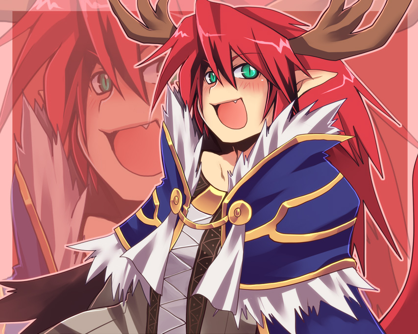 1boy alchemist_(ragnarok_online) antlers bangs blue_cape blush brown_coat cape coat commentary_request emon-yu eyebrows_visible_through_hair fang fur-trimmed_cape fur_trim green_eyes hair_between_eyes long_hair looking_at_viewer male_focus open_mouth pointy_ears ragnarok_online redhead slit_pupils solo upper_body zoom_layer