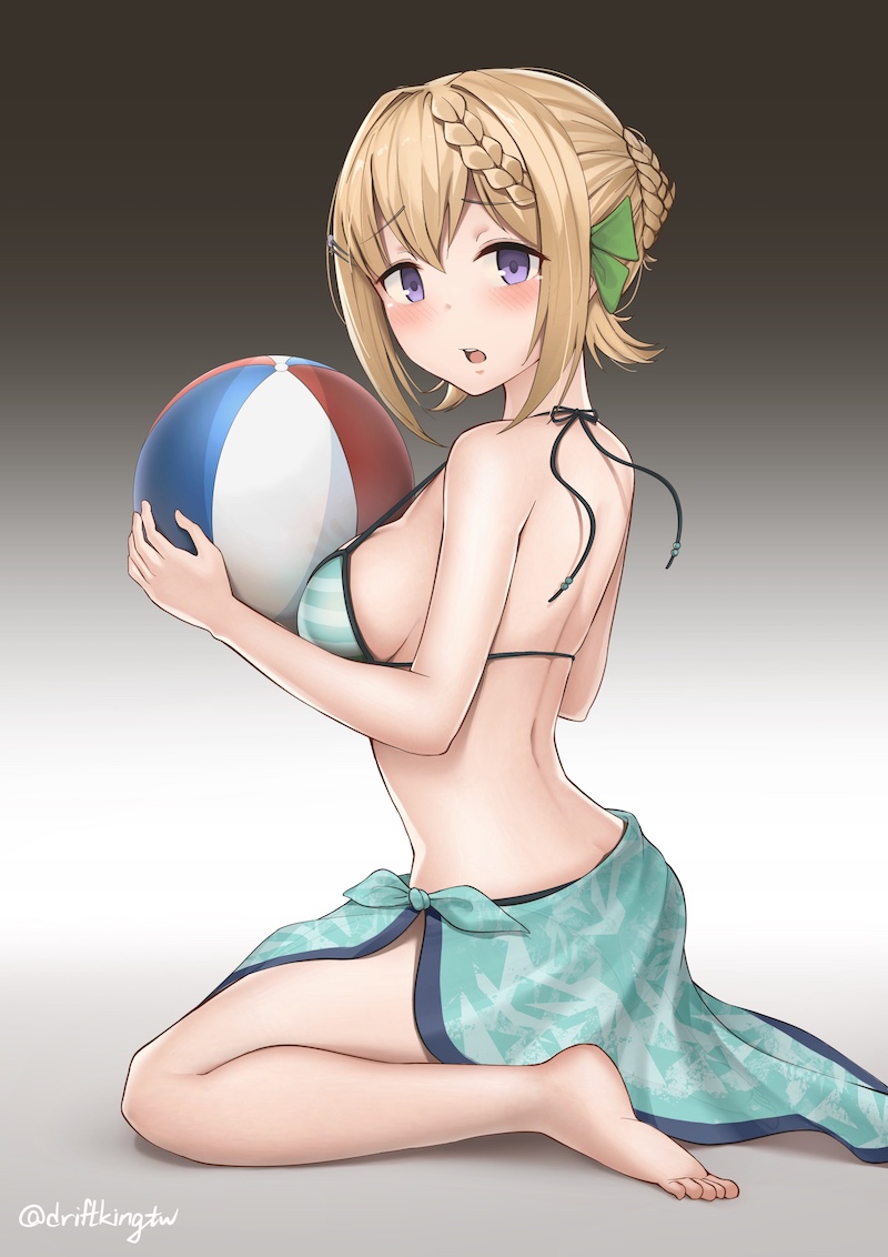 1girl ball beachball bikini blonde_hair braid braided_bangs braided_bun breasts driftkingtw holding holding_ball holding_beachball kantai_collection medium_breasts official_alternate_costume perth_(kancolle) sitting solo striped striped_bikini swimsuit violet_eyes wariza