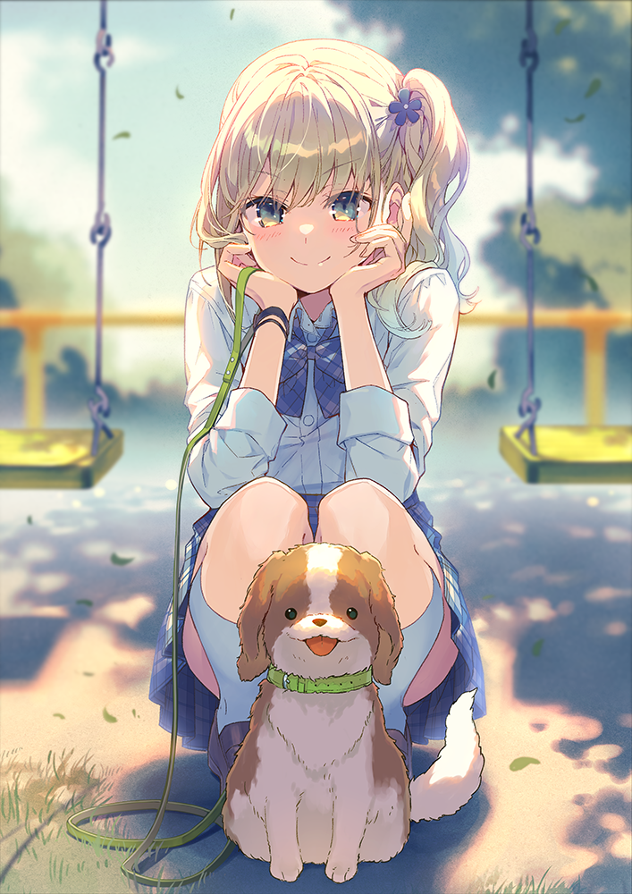 1girl bangs blonde_hair blue_neckwear blue_skirt blurry blurry_background blush bow bowtie bracelet brown_footwear collar collared_shirt commentary_request cover cover_page dog jewelry leash long_hair long_sleeves looking_at_viewer novel_cover novel_illustration official_art one_side_up original outdoors reia shirt skirt smile squatting swing white_legwear white_shirt