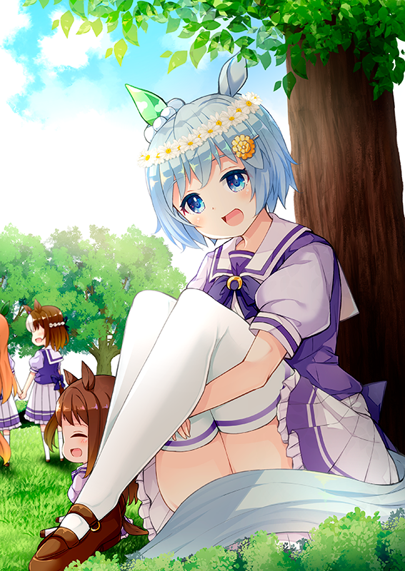 3girls animal_ears blue_eyes bow bowtie braid brown_footwear brown_hair character_doll choker closed_eyes ear_covers flower_choker french_braid frilled_skirt frills grass_wonder_(umamusume) holding_hands horse_ears horse_girl horse_tail horseshoe_ornament hugging_own_legs light_blue_hair loafers long_hair multicolored_hair multiple_girls on_grass orange_hair pleated_skirt puffy_short_sleeves puffy_sleeves purple_bow purple_neckwear purple_shirt sailor_collar sailor_shirt school_uniform seiun_sky_(umamusume) shirt shoes short_hair short_sleeves sidelocks silence_suzuka_(umamusume) sitting skirt special_week_(umamusume) stuffed_toy tail tekehiro thigh-highs tracen_school_uniform tree two-tone_hair umamusume white_hair white_legwear white_skirt