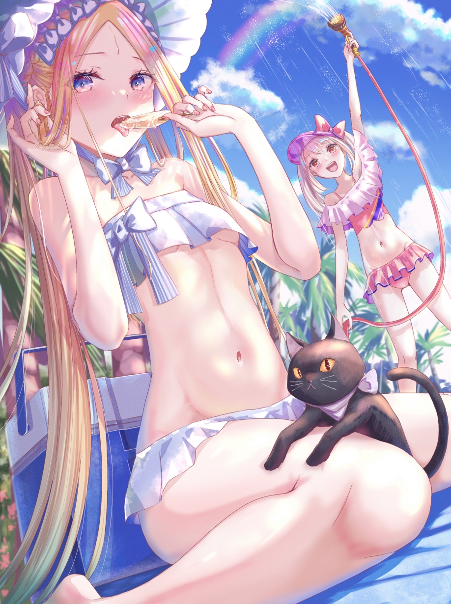 1girl abigail_williams_(fate) abigail_williams_(swimsuit_foreigner)_(fate) bangs bare_shoulders bikini blonde_hair blue_eyes blush breasts cat eating fate/grand_order fate_(series) food highres hose illyasviel_von_einzbern kinom_(sculpturesky) long_hair long_sleeves looking_at_viewer navel open_mouth popsicle shirt sidelocks small_breasts solo swimsuit tongue tongue_out white_shirt