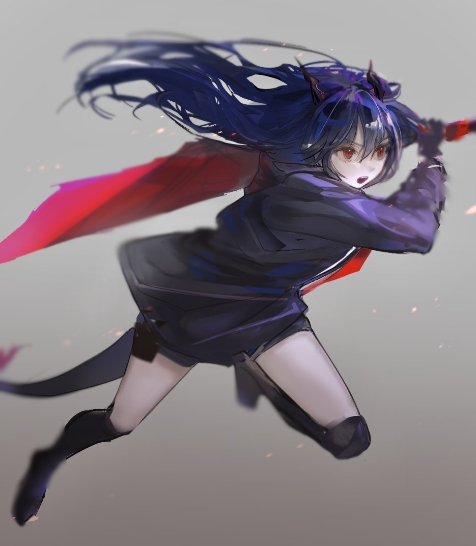 1girl ak_(ak98110881) arknights black_footwear blue_hair blue_jacket boots ch'en_(arknights) commentary dragon_horns dragon_tail gloves grey_background holding holding_sword holding_weapon holster horns jacket knee_boots long_hair long_sleeves midair open_mouth red_eyes shorts simple_background solo sparks sword tail thigh_holster upper_teeth v-shaped_eyebrows weapon