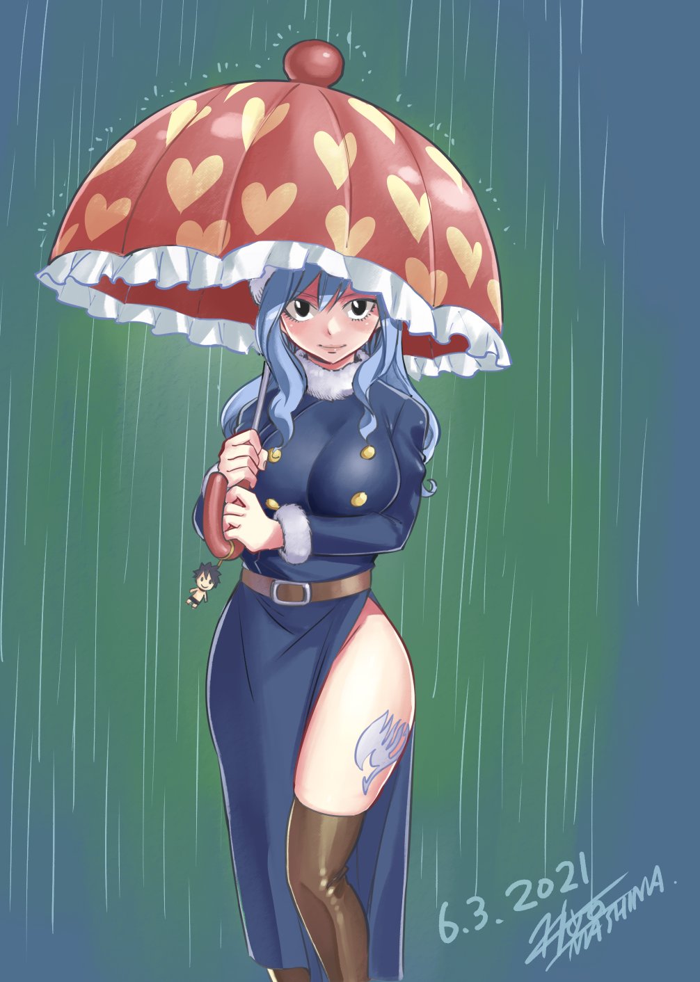 1girl 2021 belt belt_buckle black_eyes blue_dress blue_hair breasts brown_belt brown_legwear buckle character_doll closed_mouth dated dress fairy_tail fur-trimmed_sleeves fur_trim gray_fullbuster hair_between_eyes heart heart_print highres holding holding_umbrella juvia_lockser large_breasts long_hair long_sleeves looking_at_viewer mashima_hiro official_art print_umbrella rain red_umbrella shiny shiny_clothes shiny_legwear side_slit signature smile solo thigh-highs thigh_tattoo turtleneck_dress umbrella