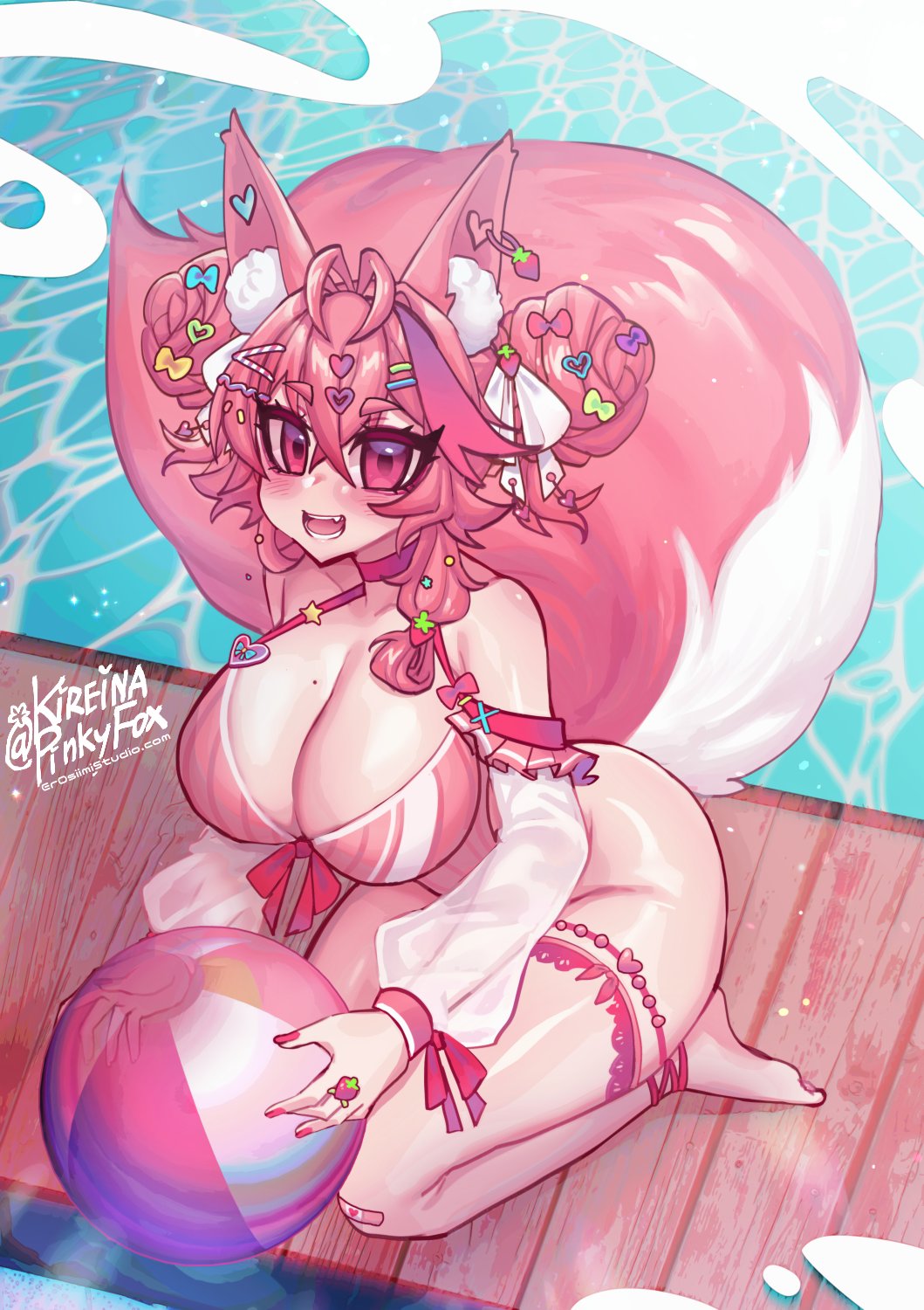 1girl ahoge animal_ear_fluff animal_ears ball breasts fang food food-themed_hair_ornament fox_ears fox_girl fox_tail fruit hair_ornament highres indie_virtual_youtuber kireina_(osiimi) large_tail mole mole_on_breast osiimi pink_eyes pink_hair signature solo strawberry strawberry_hair_ornament swimsuit tail