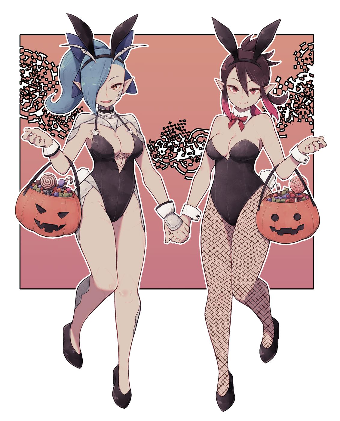 2girls :d antennae bare_shoulders black_footwear black_hairband black_leotard bow bowtie breasts bright_pupils brown_hair candy candy_cane closed_mouth commentary commission english_commentary fishnet_legwear fishnets food gradient_hair hair_over_one_eye hairband halloween_bucket hand_up highres holding_hands jack-o'-lantern lamb-oic029 leotard lollipop looking_at_viewer medium_breasts multicolored_hair multiple_girls one_eye_covered open_mouth orange_eyes original pantyhose playboy_bunny pointy_ears red_bow red_eyes red_neckwear shoes sidelocks smile strapless strapless_leotard white_pupils wrist_cuffs