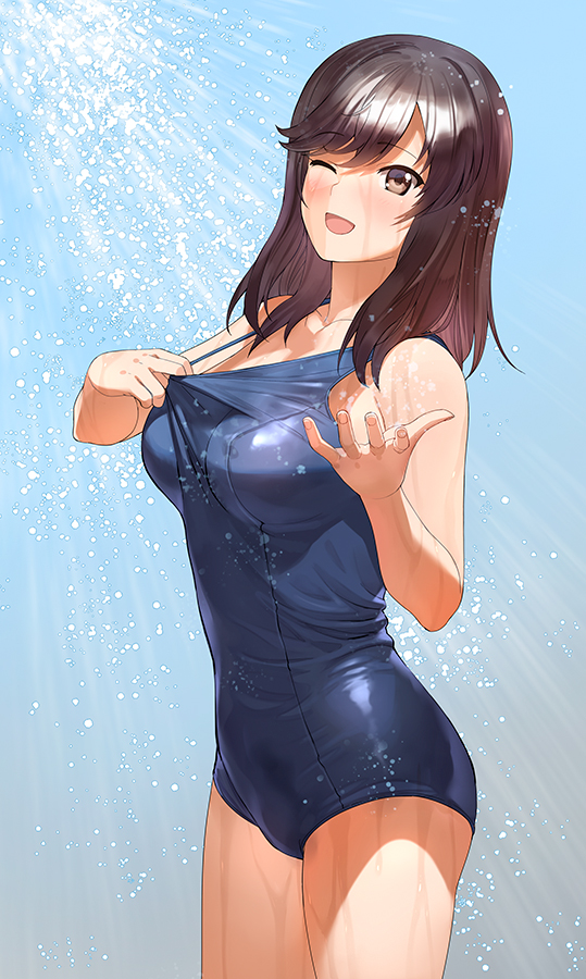 1girl ;d a1 bare_arms blue_eyes blue_swimsuit breasts brown_hair clothes_pull commentary_request cowboy_shot fingernails from_side ichijou_hotaru large_breasts light_blush looking_at_viewer medium_hair non_non_biyori old_school_swimsuit one-piece_swimsuit one_eye_closed open_mouth school_swimsuit shiny shiny_clothes shiny_swimsuit smile solo swimsuit swimsuit_pull wet