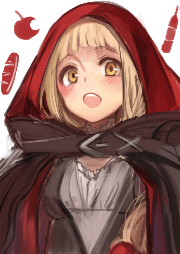 1girl :d apple bangs blonde_hair bread cape dress food fruit hair_between_eyes little_red_riding_hood_(sinoalice) long_hair looking_at_viewer open_mouth red_cape red_dress simple_background sinoalice smile solo teroru white_background yellow_eyes